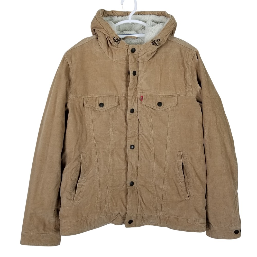 Levi's Hooded Trucker Jacket Mens Medium Tan Corduroy Sherpa Lined RN54163
